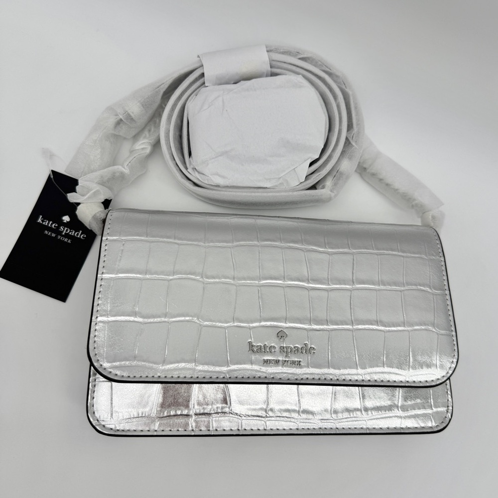 Kate Spade Madison Croc Embossed Willow Mini Flap Crossbody Silver